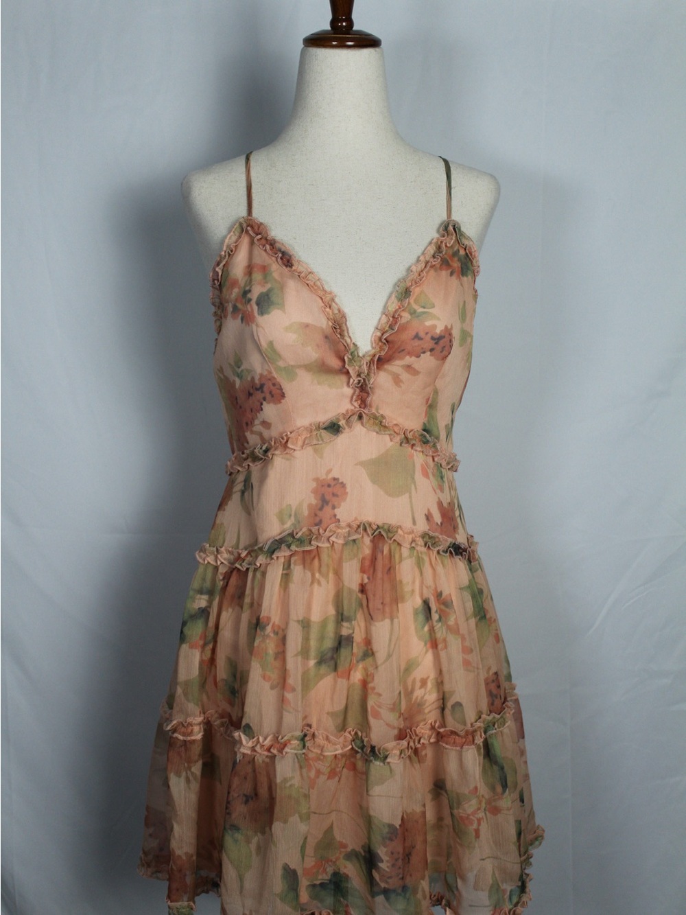Windsor Peach Floral Ruffle Tiered Mini Dress w/ Green floral pattern